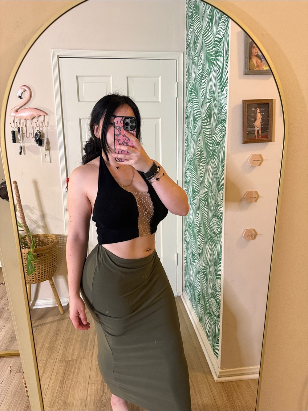 PrettyLittleThing Khaki Green High-Waist Midi Skirt